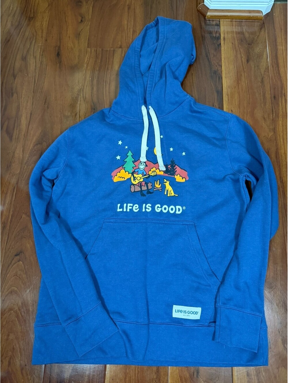 Life is Good Mens M Hoodie Happy Hour Dog Campfire Blue Pullover Sweatshirt